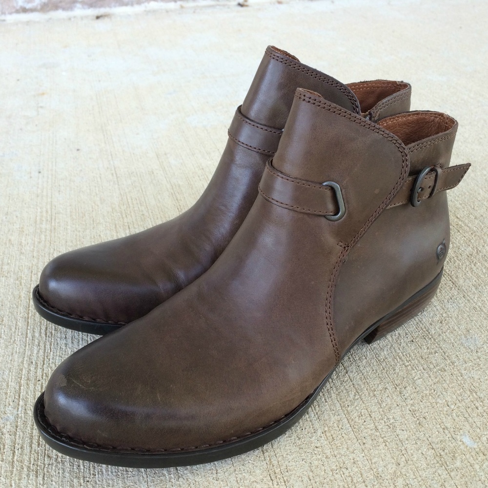 Born Women's 7.5M Jem Ankle Boots Brown Side Zipper Buckle Block Heels Leather